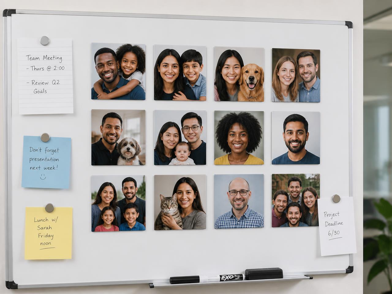 Grid of twelve square photo magnets of a diverse team holding notes on an office whiteboard