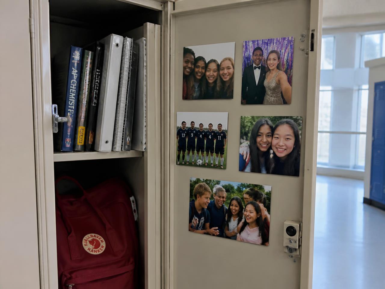 Square photo magnets of a diverse group of high school friends inside a school locker
