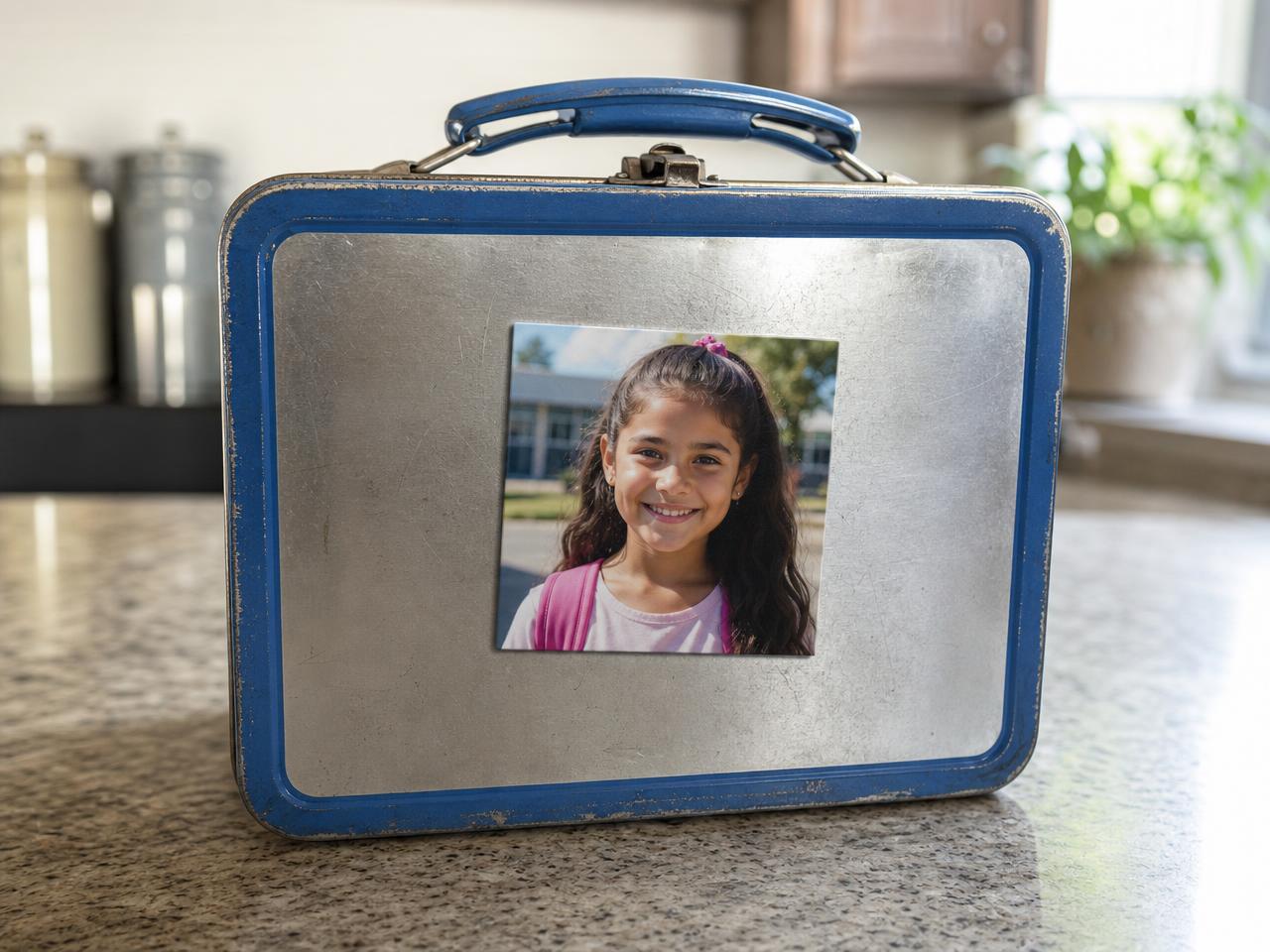 Square photo magnet of a smiling schoolgirl stuck to the metal lid of a vintage lunchbox