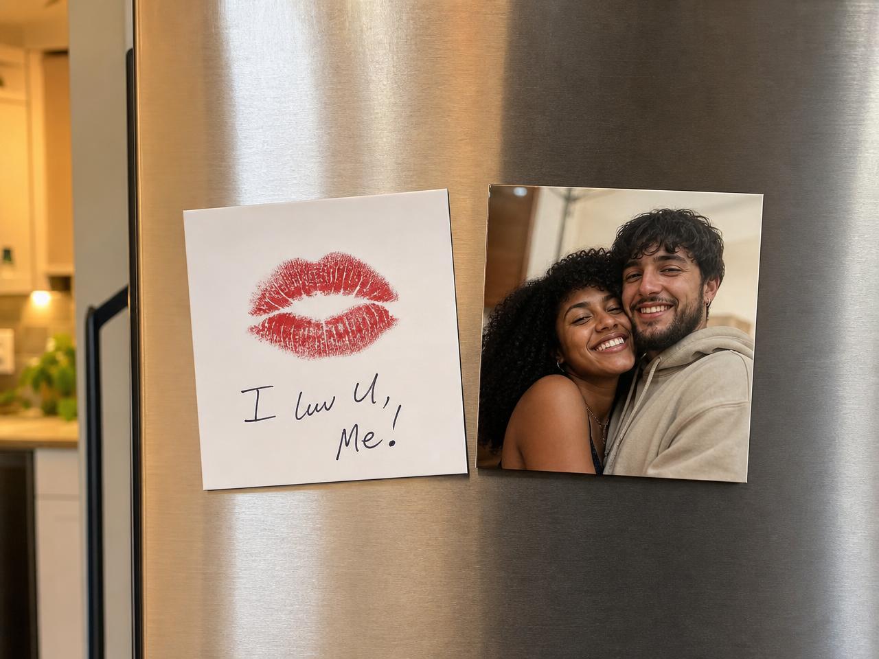 Square magnet of a handwritten note with a red lipstick kiss reading I luv U, Me next to a magnet of a smiling couple
