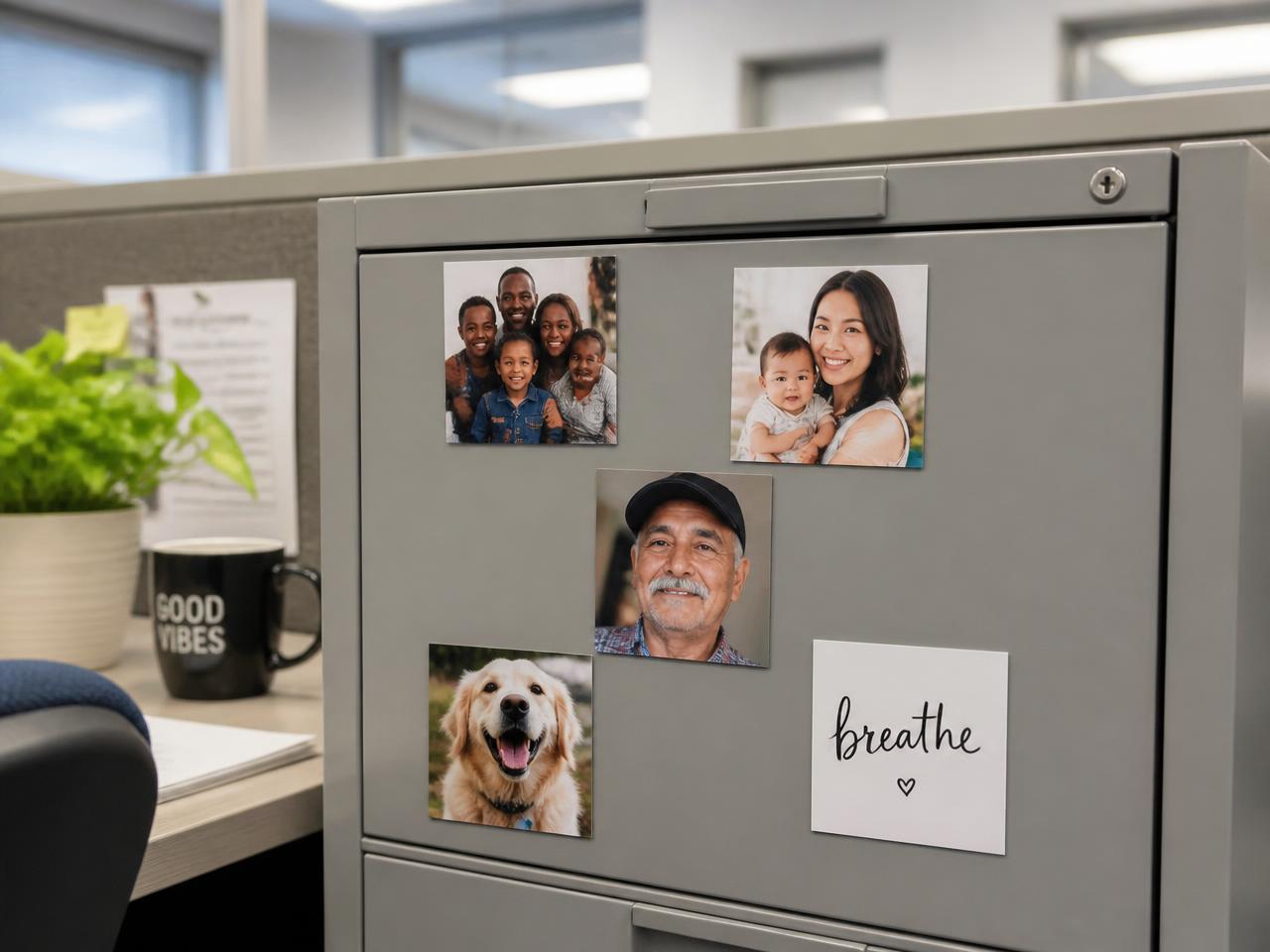 Square magnets with a handwritten word and photos of diverse families and a dog on an office filing cabinet